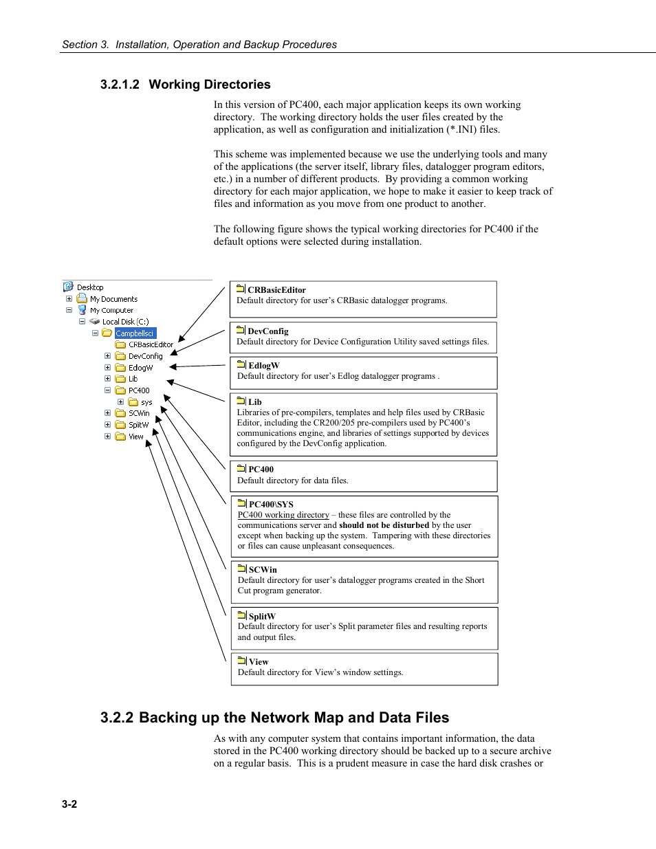 2 working directories, 2 backing up the network map and data files, 2 working | Directories -2, 2 backing up the network map and data files -2 | Campbell Scientific PC400 Datalogger Support Software User Manual | Page 22 / 254