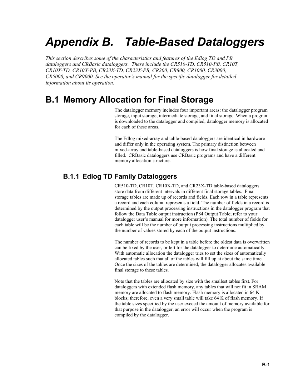 Appendix b. table-based dataloggers, B.1 memory allocation for final storage, B.1.1 edlog td family dataloggers | B.1 memory, Allocation, B.1.1 edlog | Campbell Scientific PC400 Datalogger Support Software User Manual | Page 225 / 254