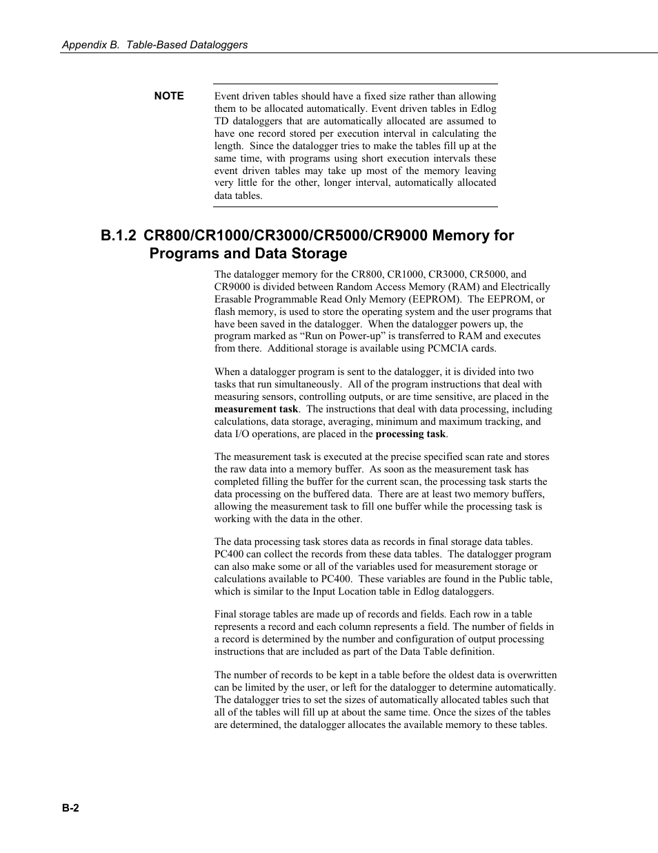 B.1.2 cr800/cr1000/cr3000/cr5000/cr9000 memory for | Campbell Scientific PC400 Datalogger Support Software User Manual | Page 226 / 254