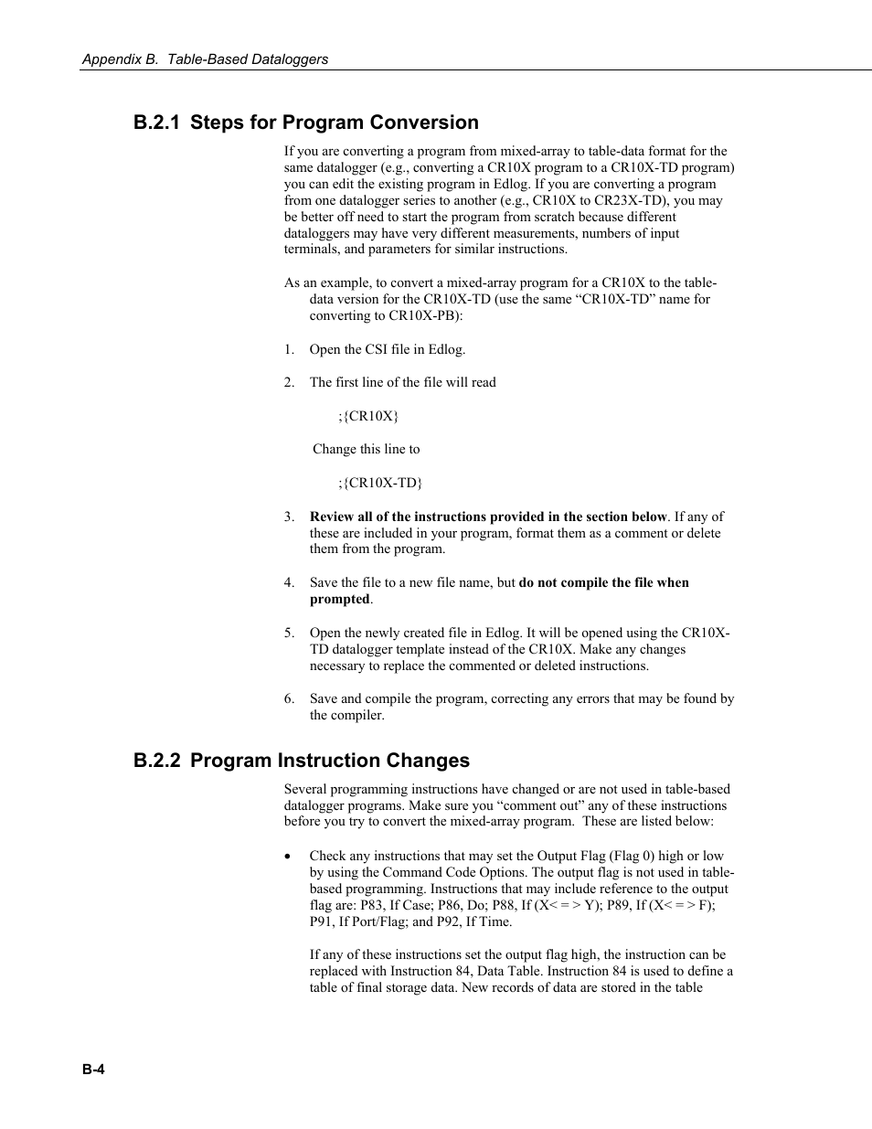 B.2.1 steps for program conversion, B.2.2 program instruction changes | Campbell Scientific PC400 Datalogger Support Software User Manual | Page 228 / 254