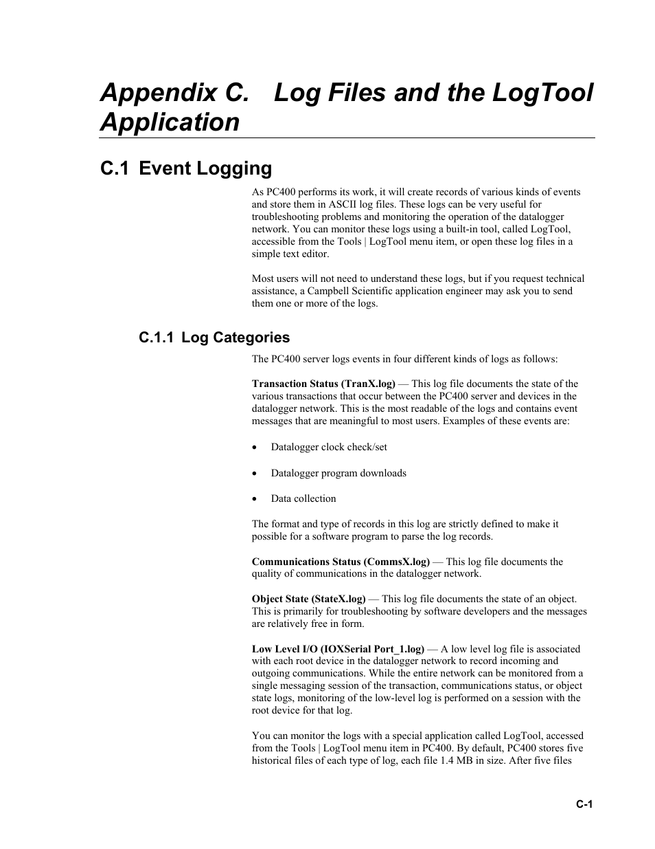 Appendix c. log files and the logtool application, C.1 event logging, C.1.1 log categories | C.1 event, C.1.1 log | Campbell Scientific PC400 Datalogger Support Software User Manual | Page 235 / 254