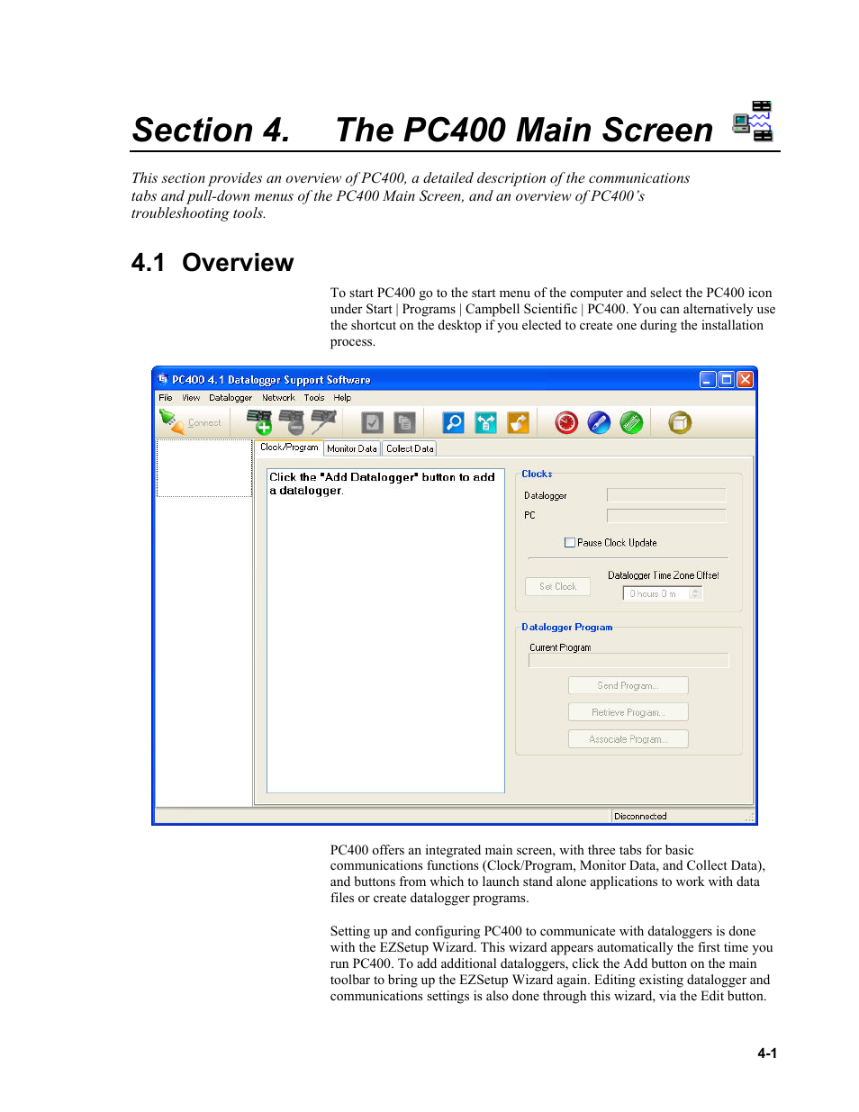 Section 4. the pc400 main screen, 1 overview, The pc400 main screen -1 | 1 overview -1 | Campbell Scientific PC400 Datalogger Support Software User Manual | Page 25 / 254