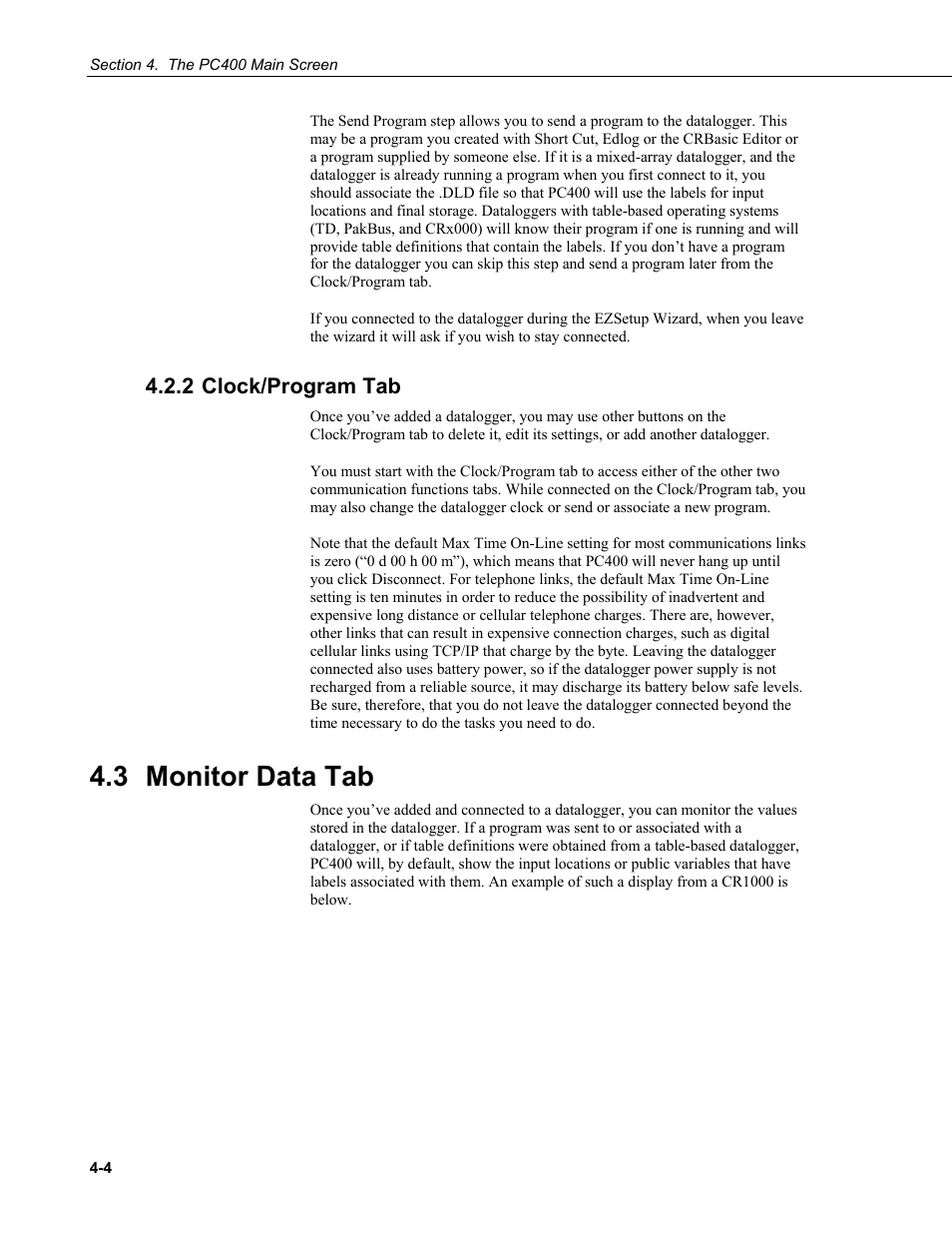 2 clock/program tab, 3 monitor data tab, 2 clock/program | Tab -4, Monitor data tab -4 | Campbell Scientific PC400 Datalogger Support Software User Manual | Page 28 / 254