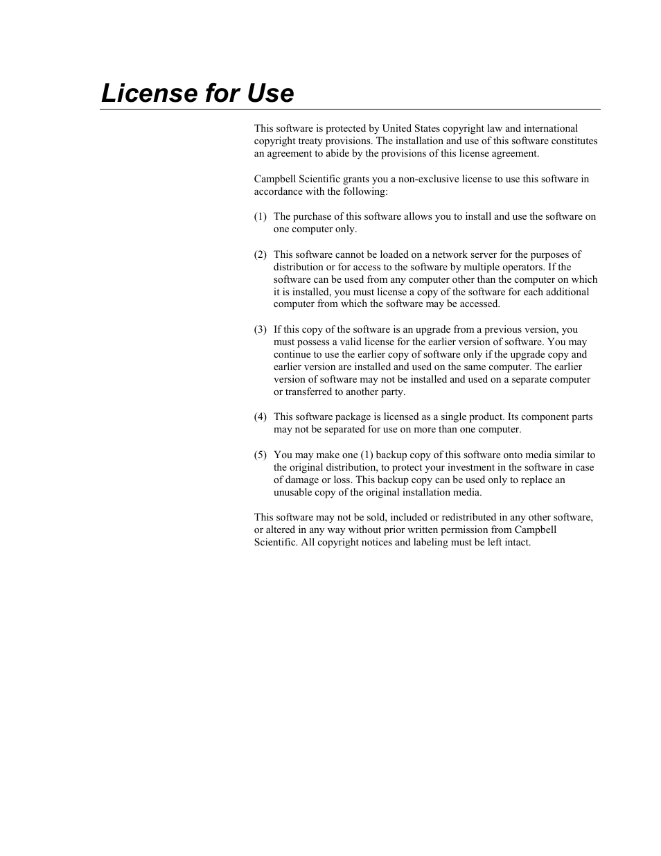 License for use | Campbell Scientific PC400 Datalogger Support Software User Manual | Page 3 / 254