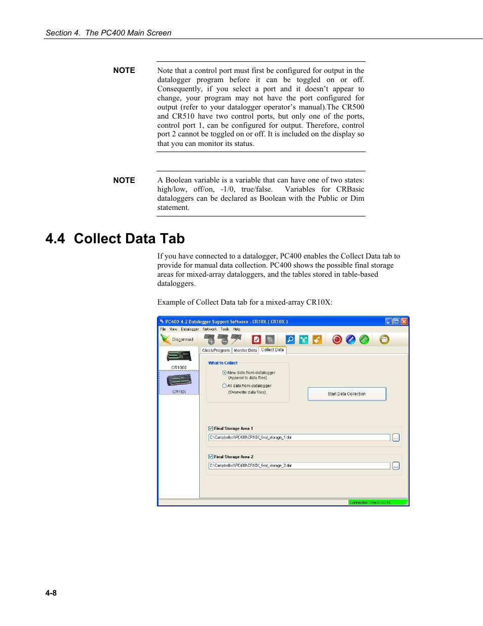 4 collect data tab, 4 collect, Data tab -8 | Campbell Scientific PC400 Datalogger Support Software User Manual | Page 32 / 254