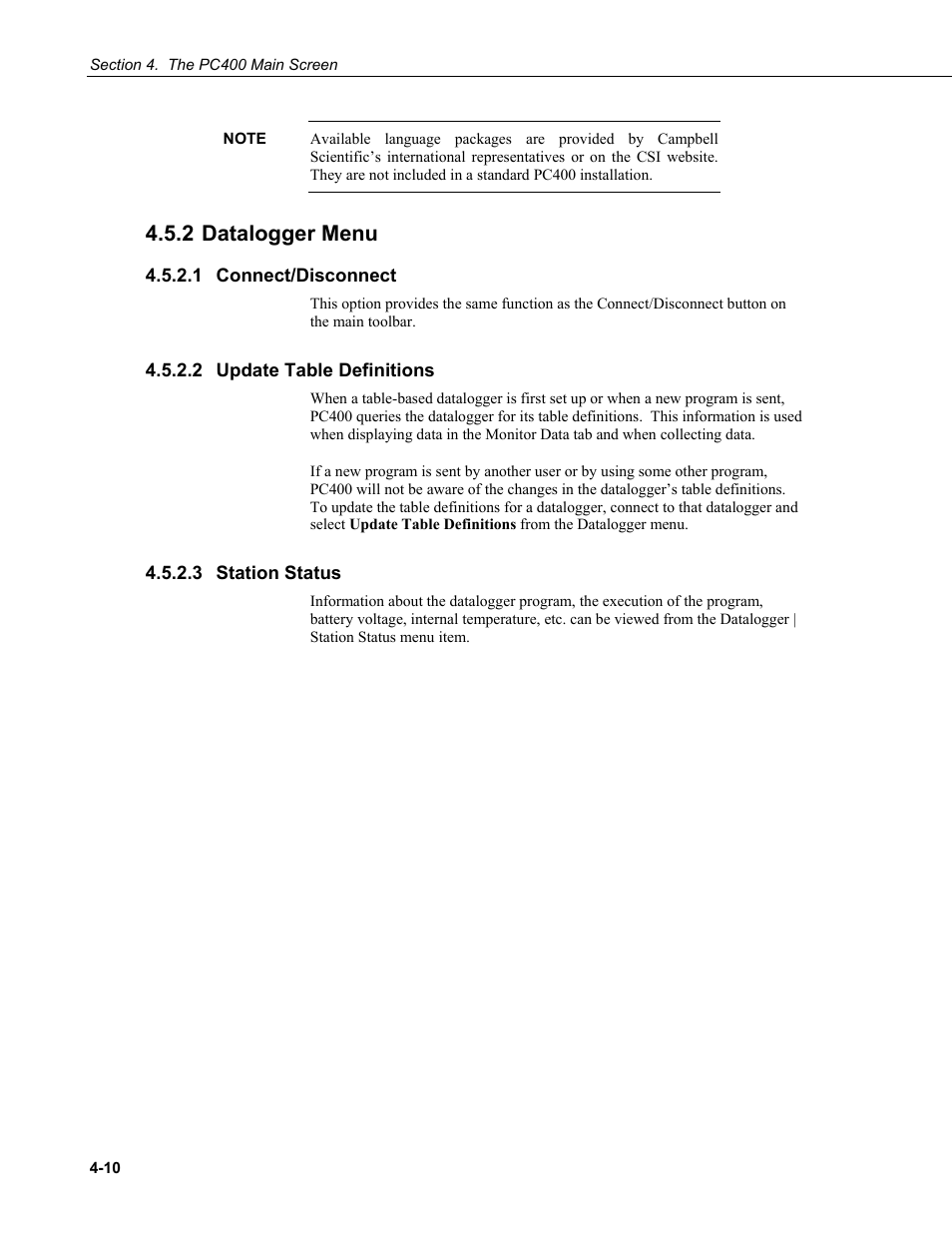 2 datalogger menu, 1 connect/disconnect, 2 update table definitions | 3 station status, 2 datalogger, Menu -10, 1 connect/disconnect -10 4.5.2.2 update, Table, Definitions -10, 3 station | Campbell Scientific PC400 Datalogger Support Software User Manual | Page 34 / 254