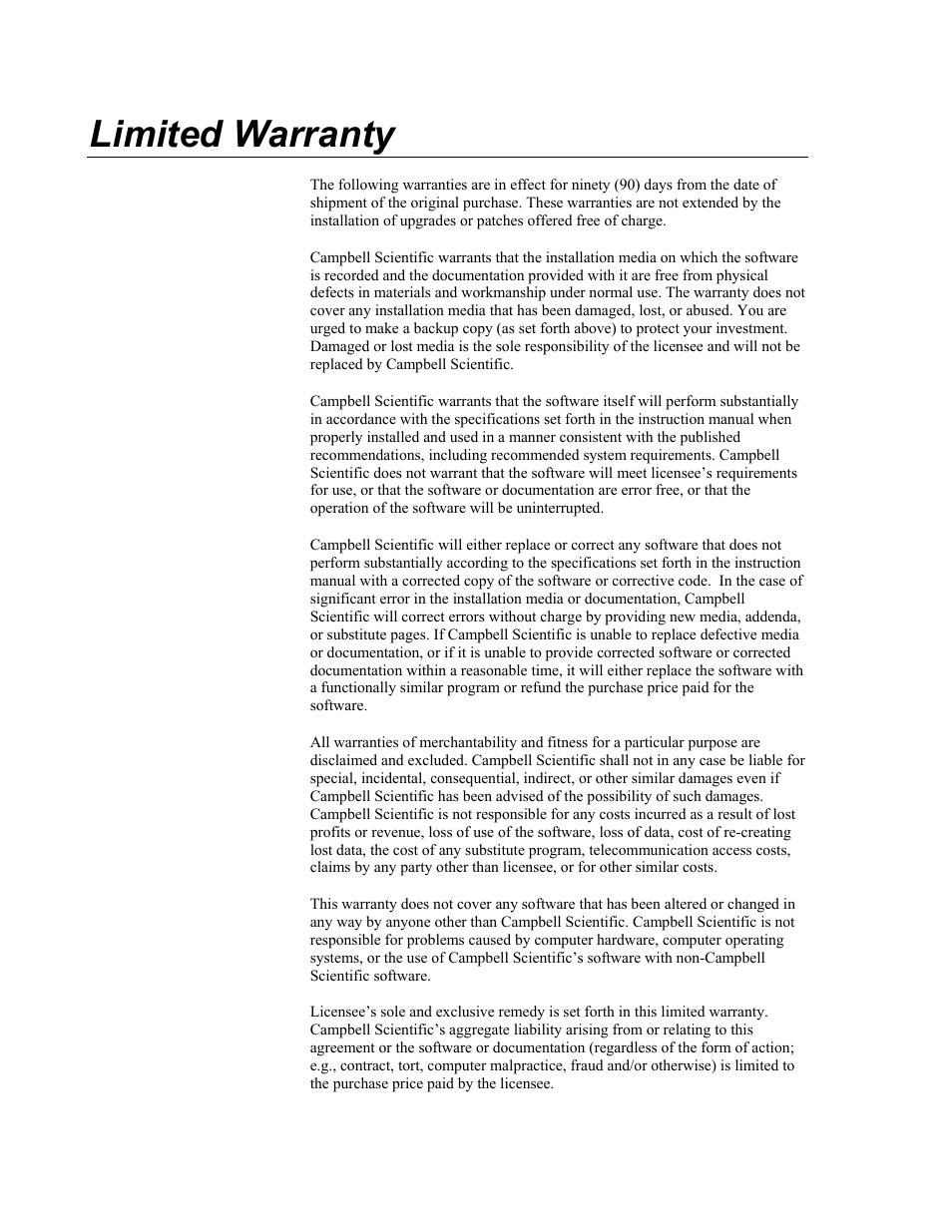 Limited warranty | Campbell Scientific PC400 Datalogger Support Software User Manual | Page 4 / 254