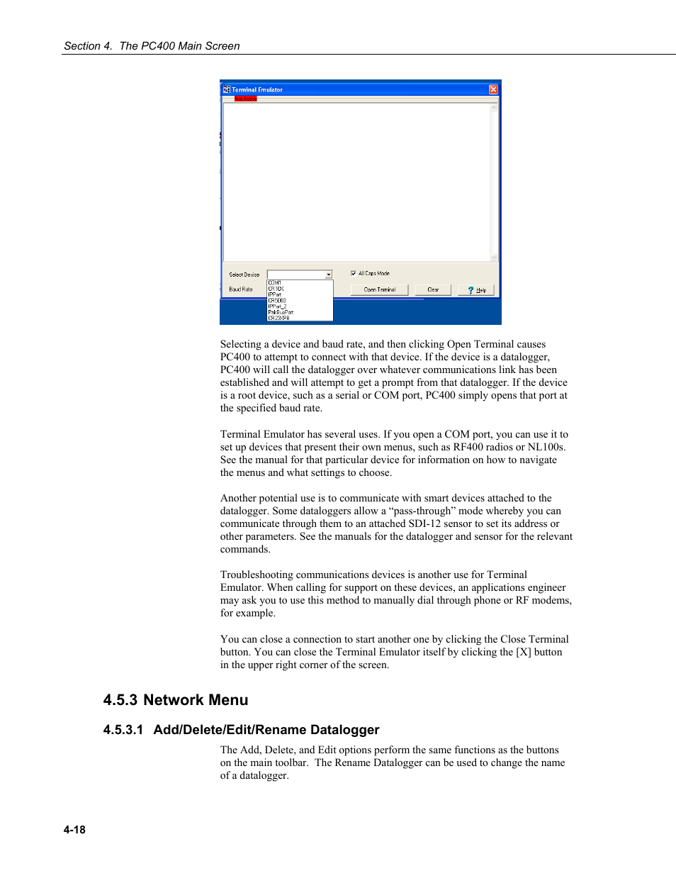 3 network menu, 1 add/delete/edit/rename datalogger, 3 network | Menu -18, 1 add/delete/edit/rename datalogger -18 | Campbell Scientific PC400 Datalogger Support Software User Manual | Page 42 / 254