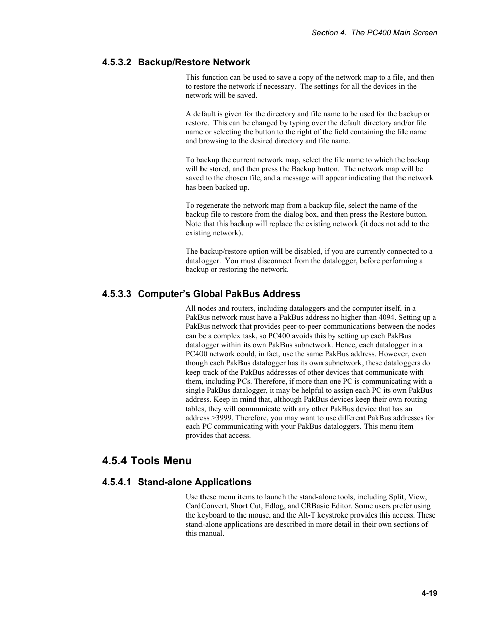 2 backup/restore network, 3 computer’s global pakbus address, 4 tools menu | 1 stand-alone applications, 4 tools, Menu -19, 1 stand-alone, Applications -19 | Campbell Scientific PC400 Datalogger Support Software User Manual | Page 43 / 254