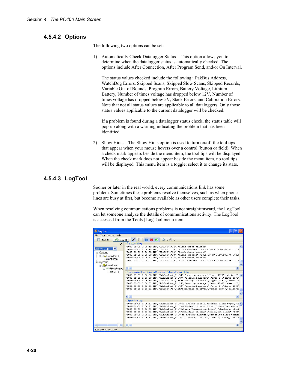 2 options, 3 logtool, 2 options -20 4.5.4.3 logtool -20 | Campbell Scientific PC400 Datalogger Support Software User Manual | Page 44 / 254