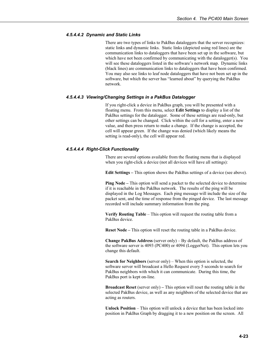 2 dynamic and static links, 3 viewing/changing settings in a pakbus datalogger, 4 right-click functionality | Dynamic and static links -23, Viewing/changing settings in a pakbus, Datalogger -23, 4 right-click functionality -23 | Campbell Scientific PC400 Datalogger Support Software User Manual | Page 47 / 254