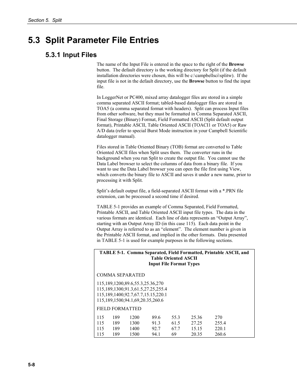 3 split parameter file entries, 1 input files, Split parameter file entries -8 | 1 input, Files -8, Oriented ascii input file format types -8 | Campbell Scientific PC400 Datalogger Support Software User Manual | Page 56 / 254