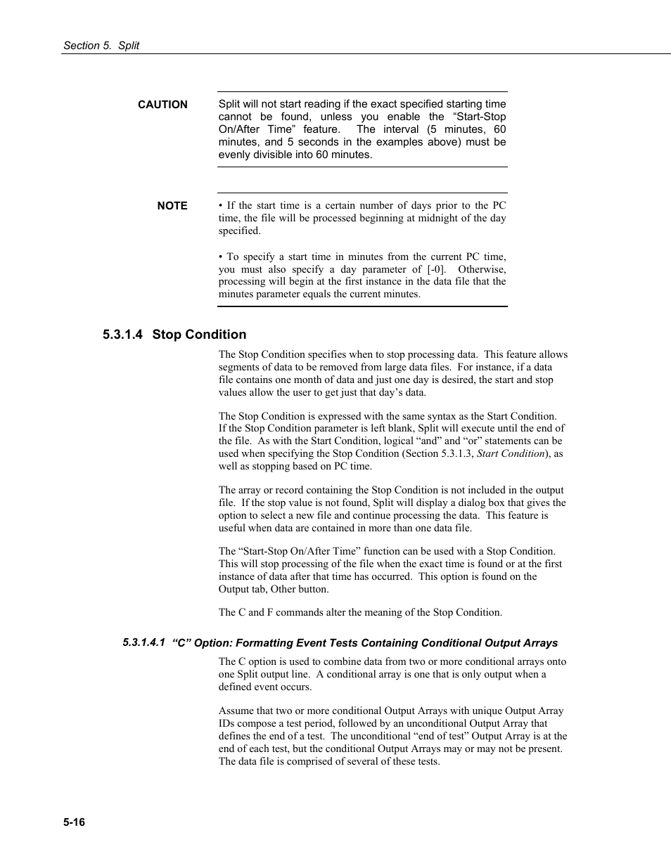 4 stop condition, 4 stop, Condition -16 | C” option: formatting event tests, Containing conditional output arrays -16 | Campbell Scientific PC400 Datalogger Support Software User Manual | Page 64 / 254
