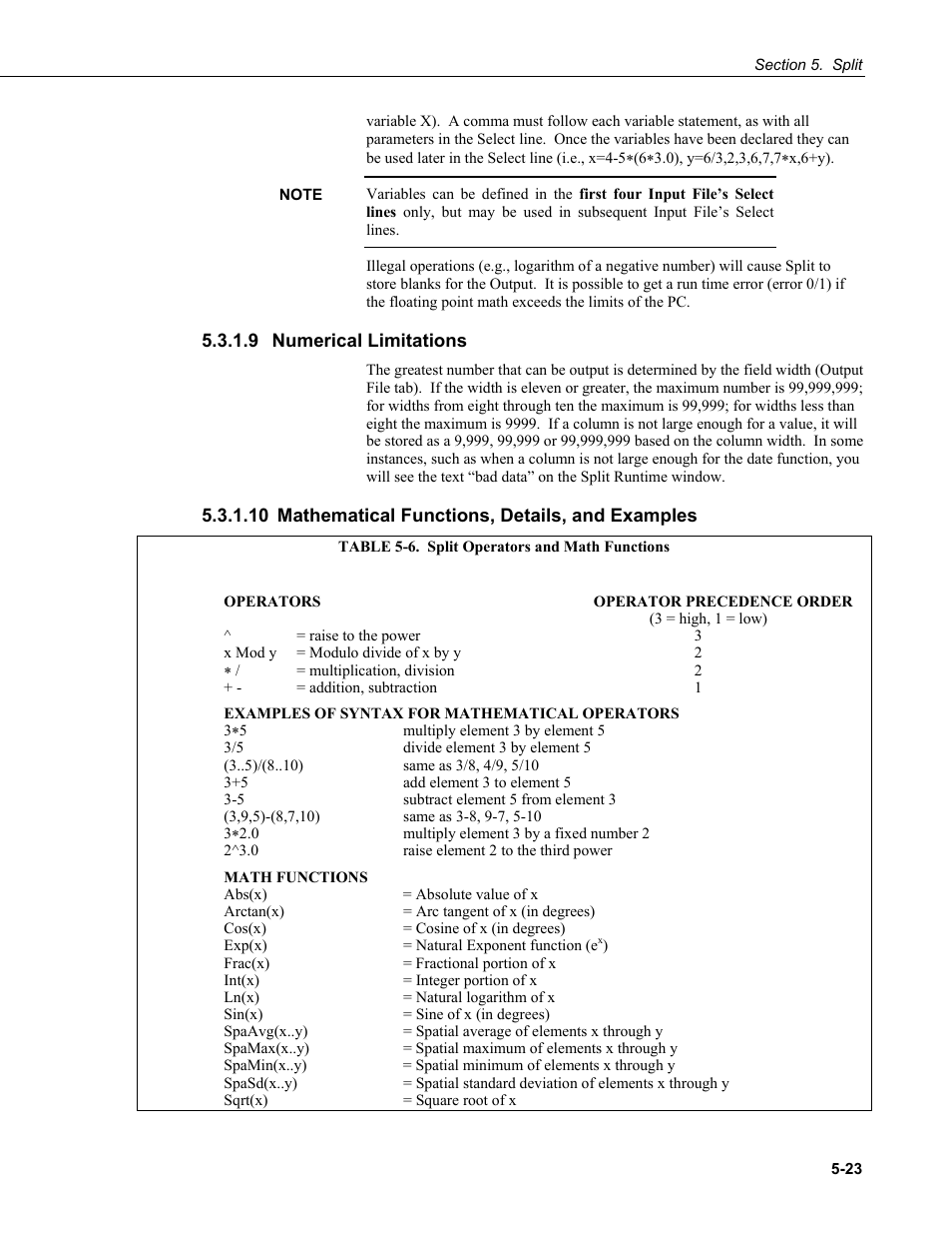 9 numerical limitations, 10 mathematical functions, details, and examples, 9 numerical | Limitations -23, 6. split operators and math functions -23 | Campbell Scientific PC400 Datalogger Support Software User Manual | Page 71 / 254