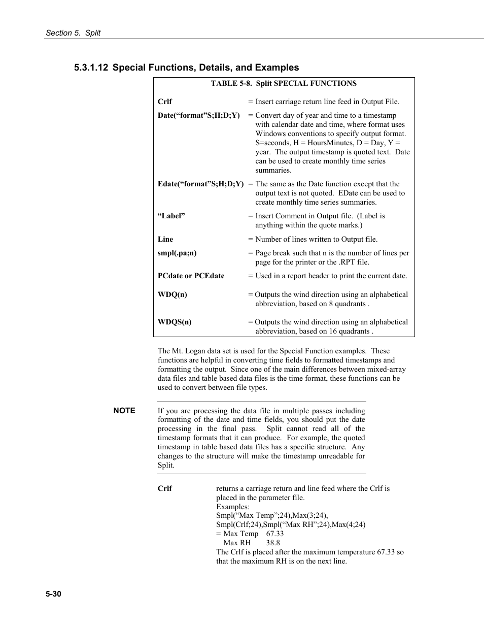 12 special functions, details, and examples, 12 special functions, details, and examples -30, 8. split | Special, Functions -30 | Campbell Scientific PC400 Datalogger Support Software User Manual | Page 78 / 254