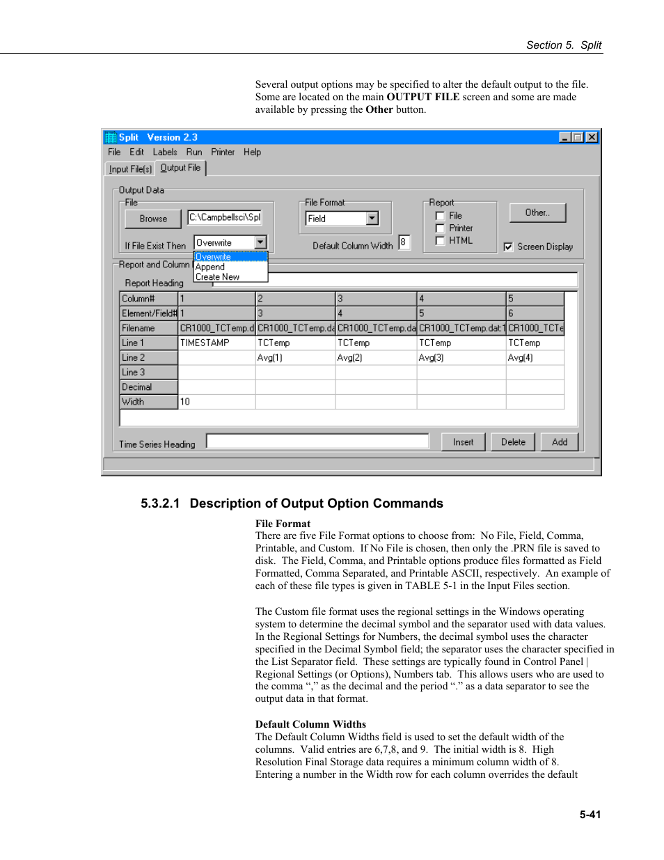 1 description of output option commands, 1 description of output option commands -41 | Campbell Scientific PC400 Datalogger Support Software User Manual | Page 89 / 254