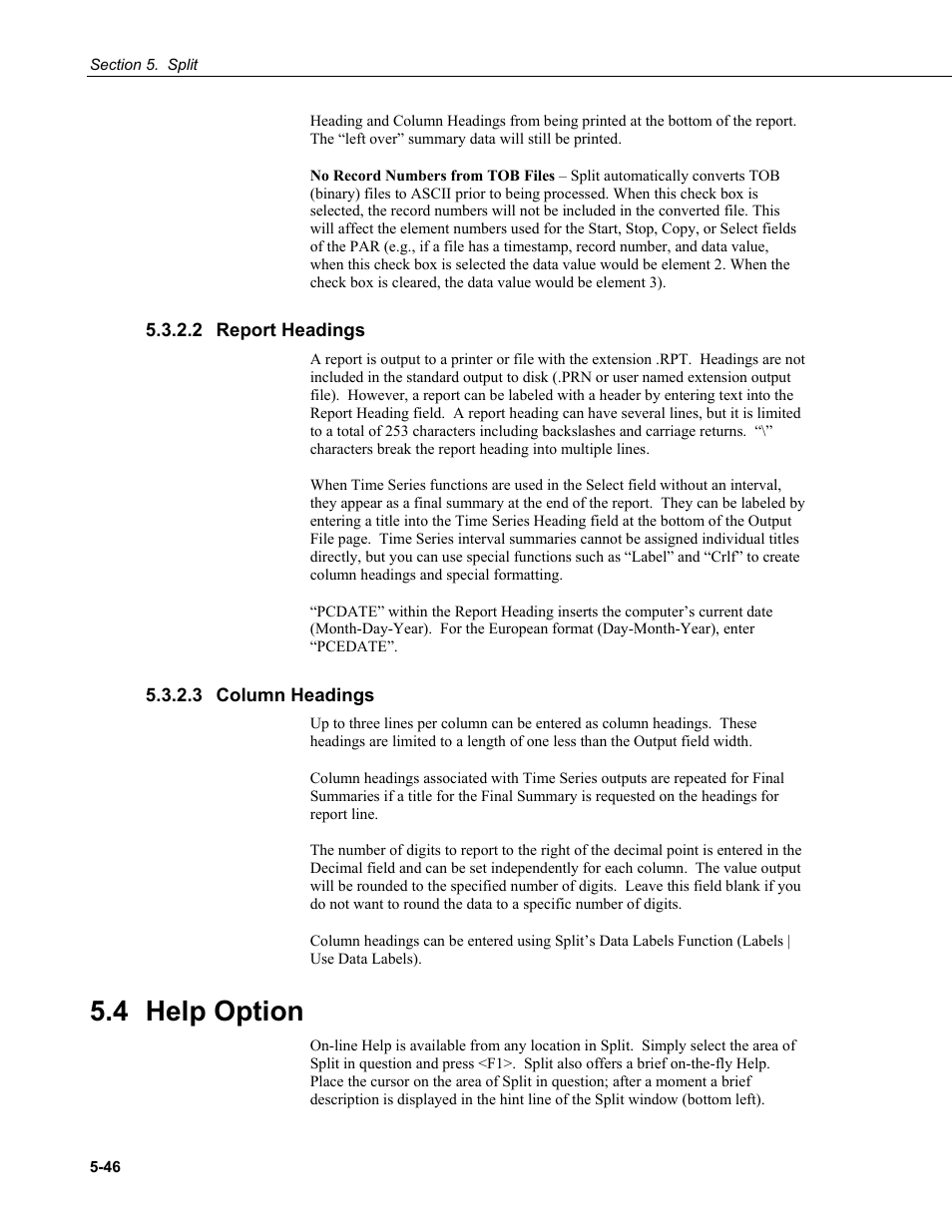 2 report headings, 3 column headings, 4 help option | 2 report, Headings -46, 3 column, 4 help, Option -46 | Campbell Scientific PC400 Datalogger Support Software User Manual | Page 94 / 254