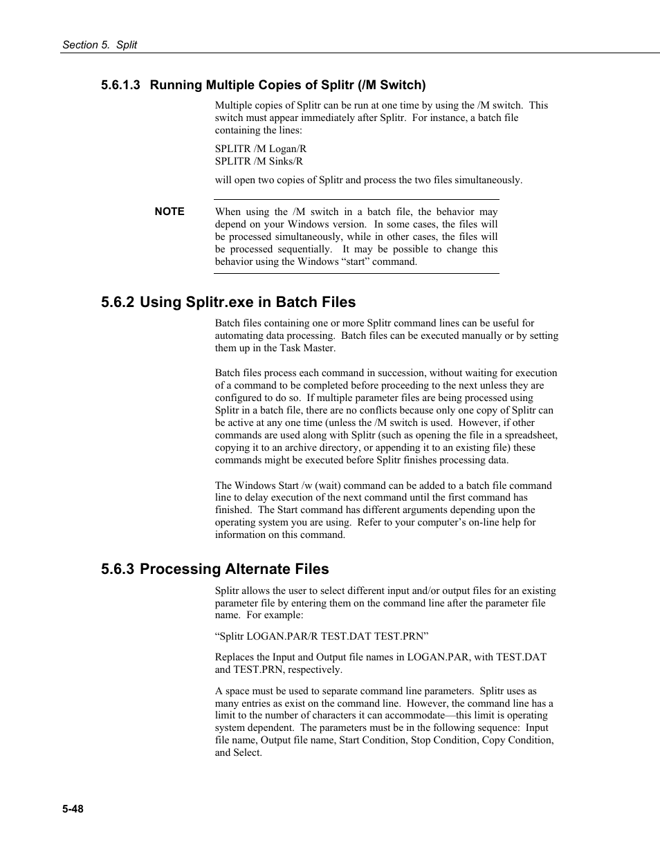 3 running multiple copies of splitr (/m switch), 2 using splitr.exe in batch files, 3 processing alternate files | Alternate files -48 | Campbell Scientific PC400 Datalogger Support Software User Manual | Page 96 / 254