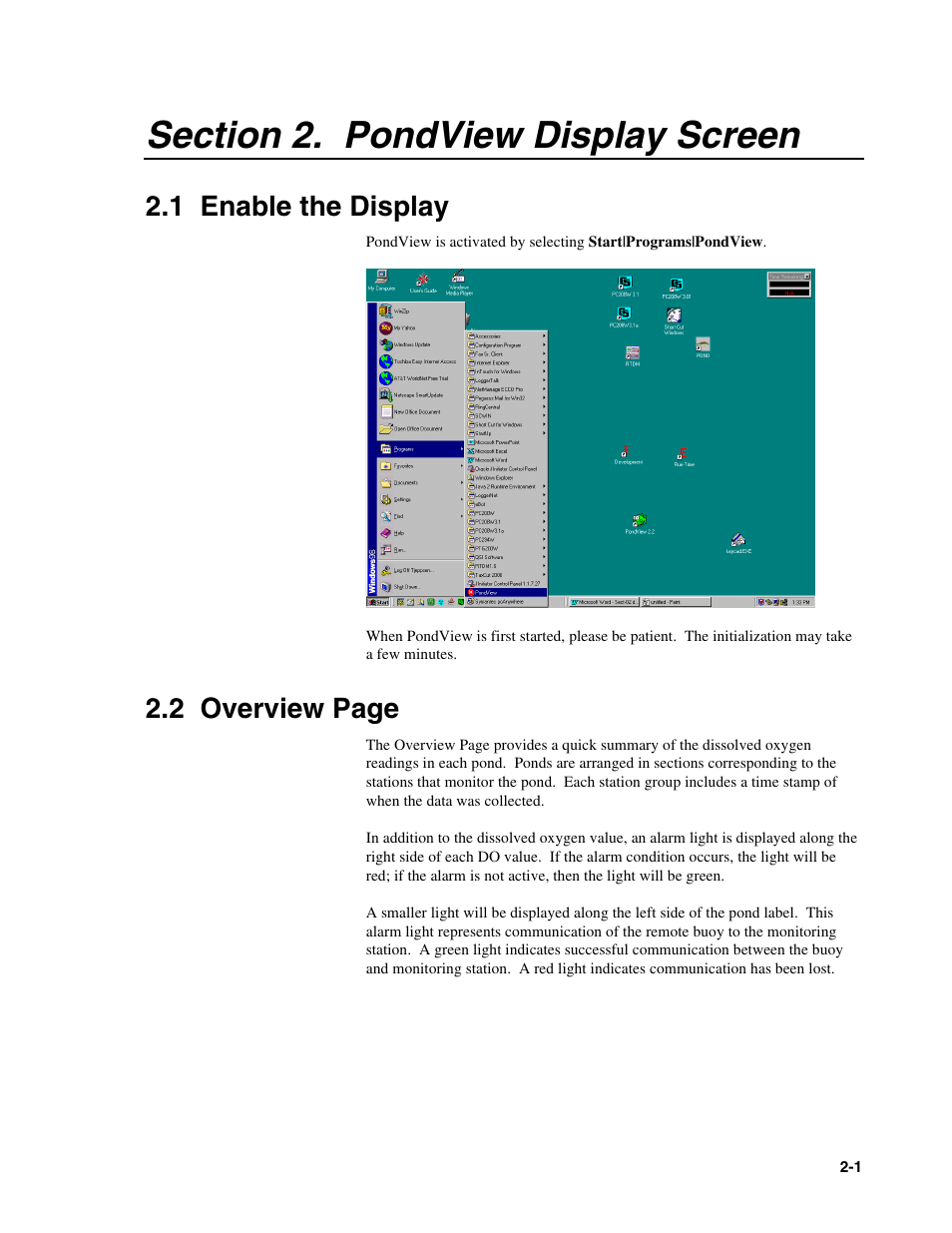 Section 2. pondview display screen, 1 enable the display, 2 overview page | Campbell Scientific PONDVIEW Real-Time Monitoring & Control Software User Manual | Page 19 / 38