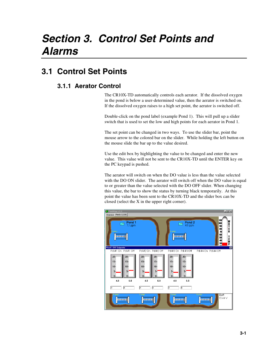 Section 3. control set points and alarms, 1 control set points, 1 aerator control | Campbell Scientific PONDVIEW Real-Time Monitoring & Control Software User Manual | Page 23 / 38