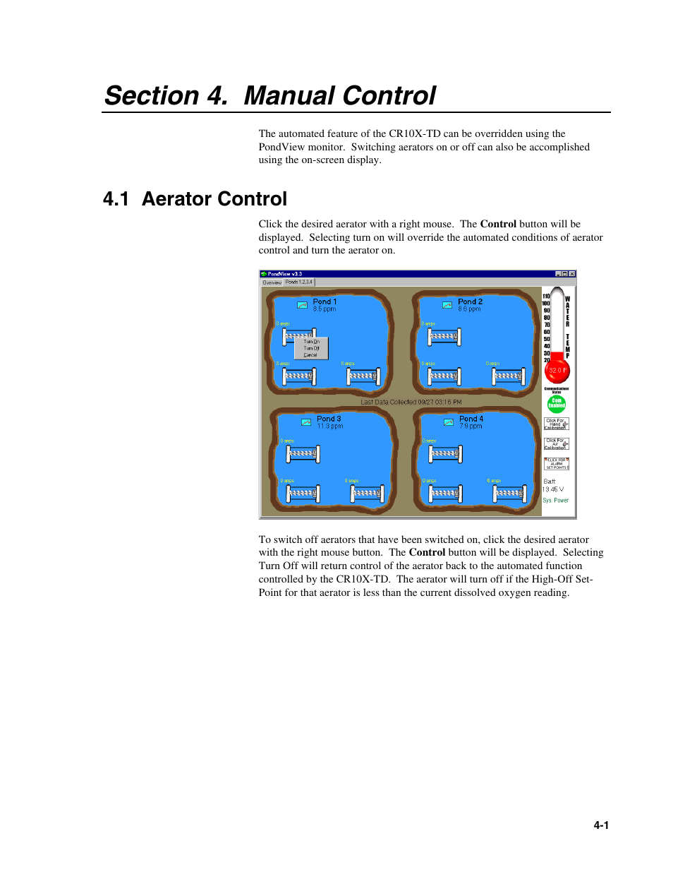 Section 4. manual control, 1 aerator control | Campbell Scientific PONDVIEW Real-Time Monitoring & Control Software User Manual | Page 27 / 38