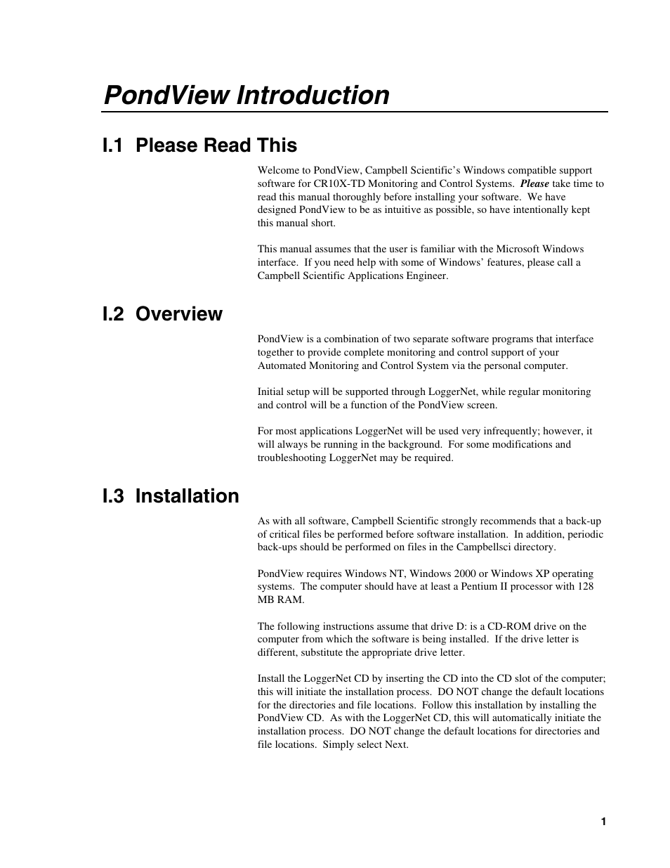 Pondview introduction, I.1 please read this, I.2 overview | I.3 installation | Campbell Scientific PONDVIEW Real-Time Monitoring & Control Software User Manual | Page 7 / 38