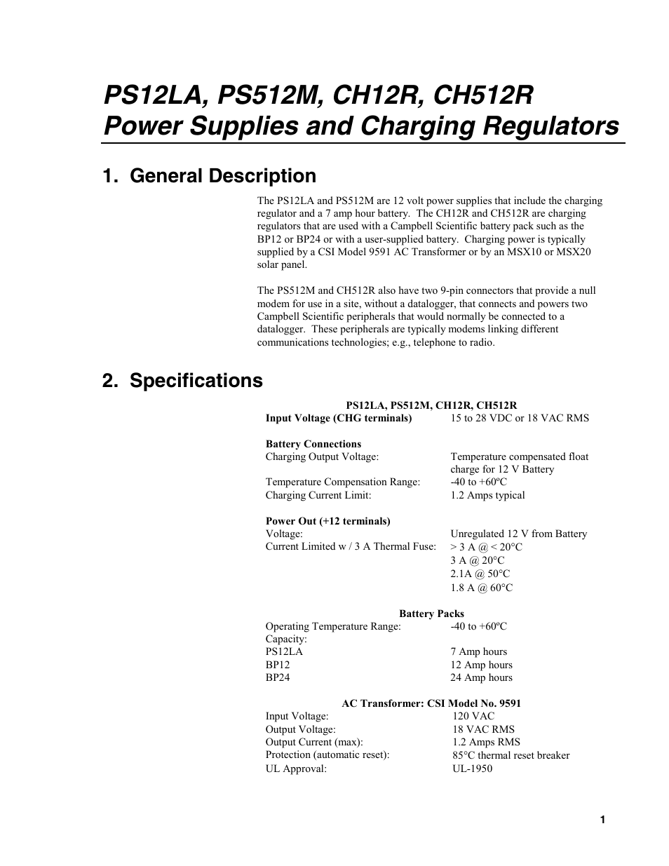 General description, Specifications | Campbell Scientific PS12LA, PS512M, CH12R, CH512R Power Supplies/Regulators User Manual | Page 5 / 8