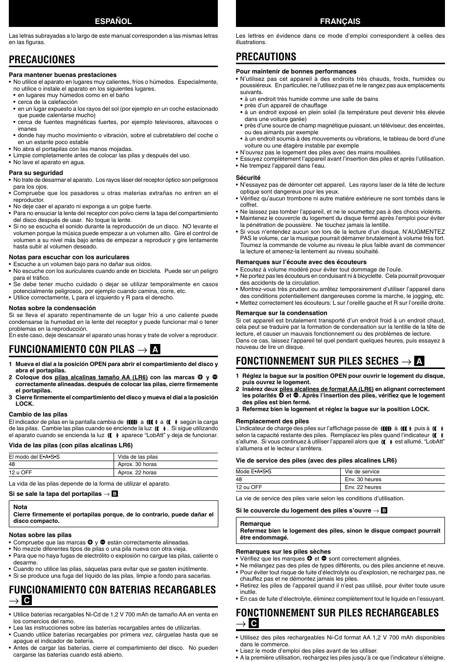 Precauciones, Funcionamiento con pilas → a, Funcionamiento con baterias recargables → c | Precautions, Fonctionnement sur piles seches → a, Fonctionnement sur piles rechargeables → c | Aiwa XP-SP910 User Manual | Page 3 / 8