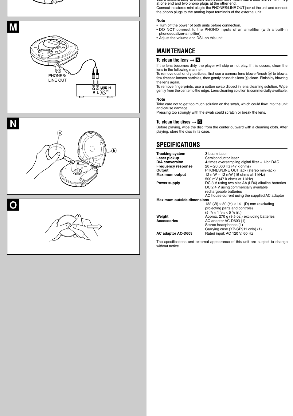 Mn o, Maintenance, Specifications | Aiwa XP-SP910 User Manual | Page 6 / 8