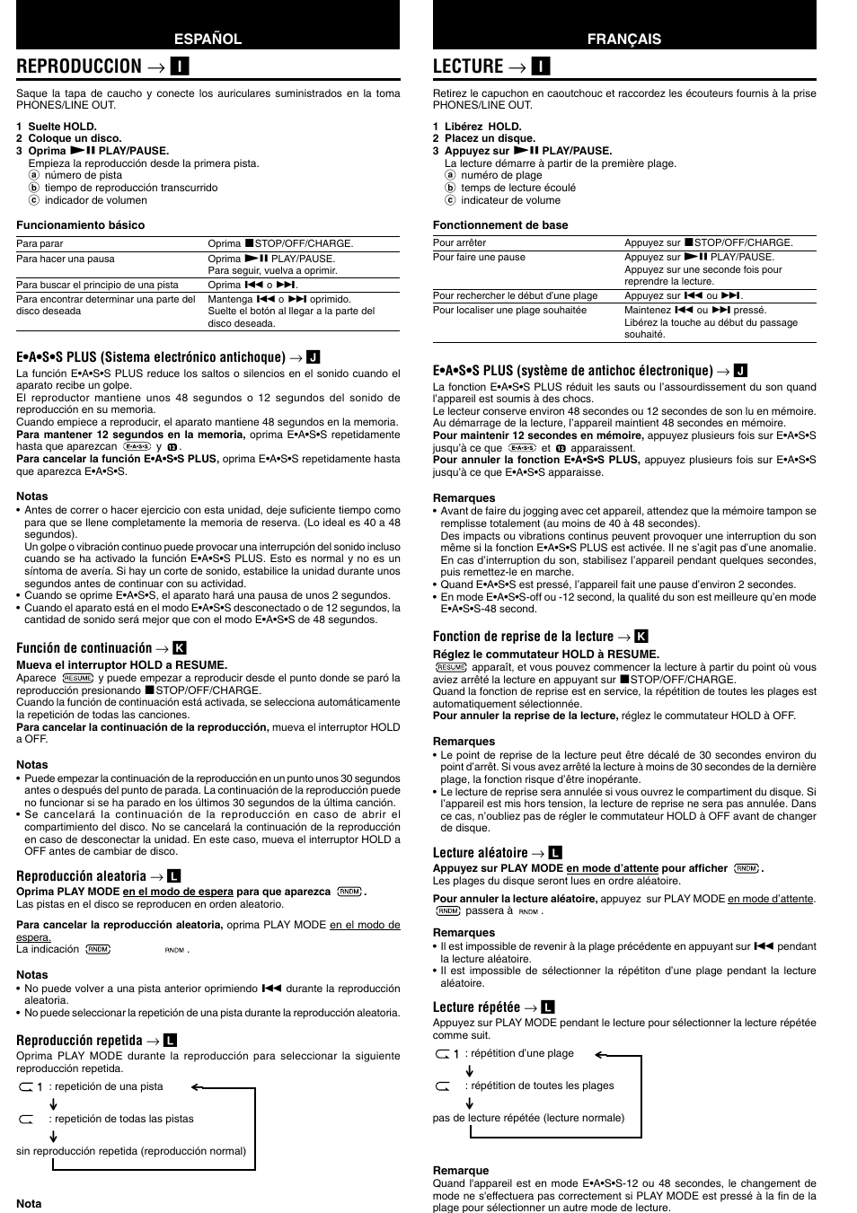 Lecture → i, Reproduccion → i, Español français | Aiwa XP-SP910 User Manual | Page 7 / 8