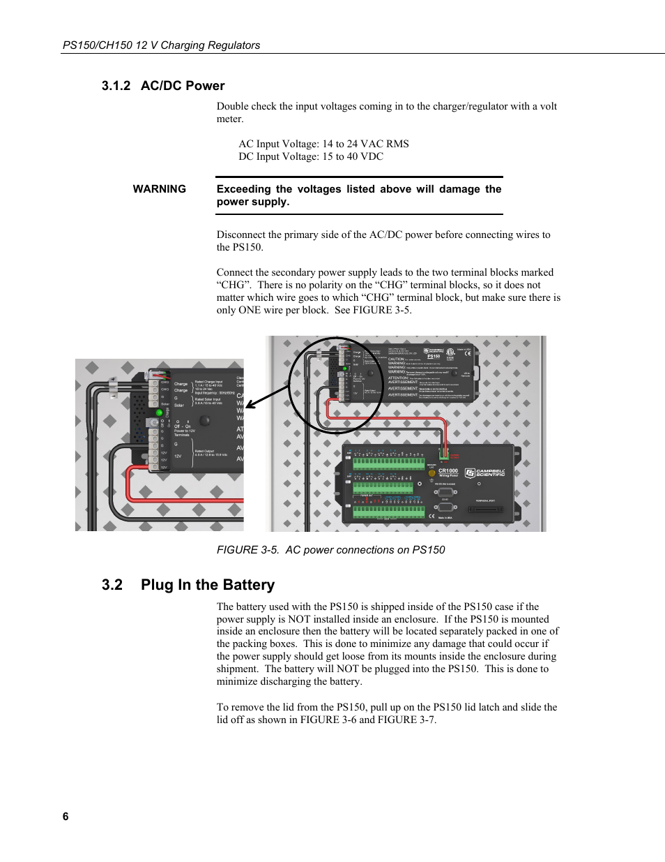2 ac/dc power, 2 plug in the battery, Ac/dc power | Plug in the battery, 5. ac power connections on ps150 | Campbell Scientific PS150/CH150 12 V Charging Regulators User Manual | Page 14 / 26