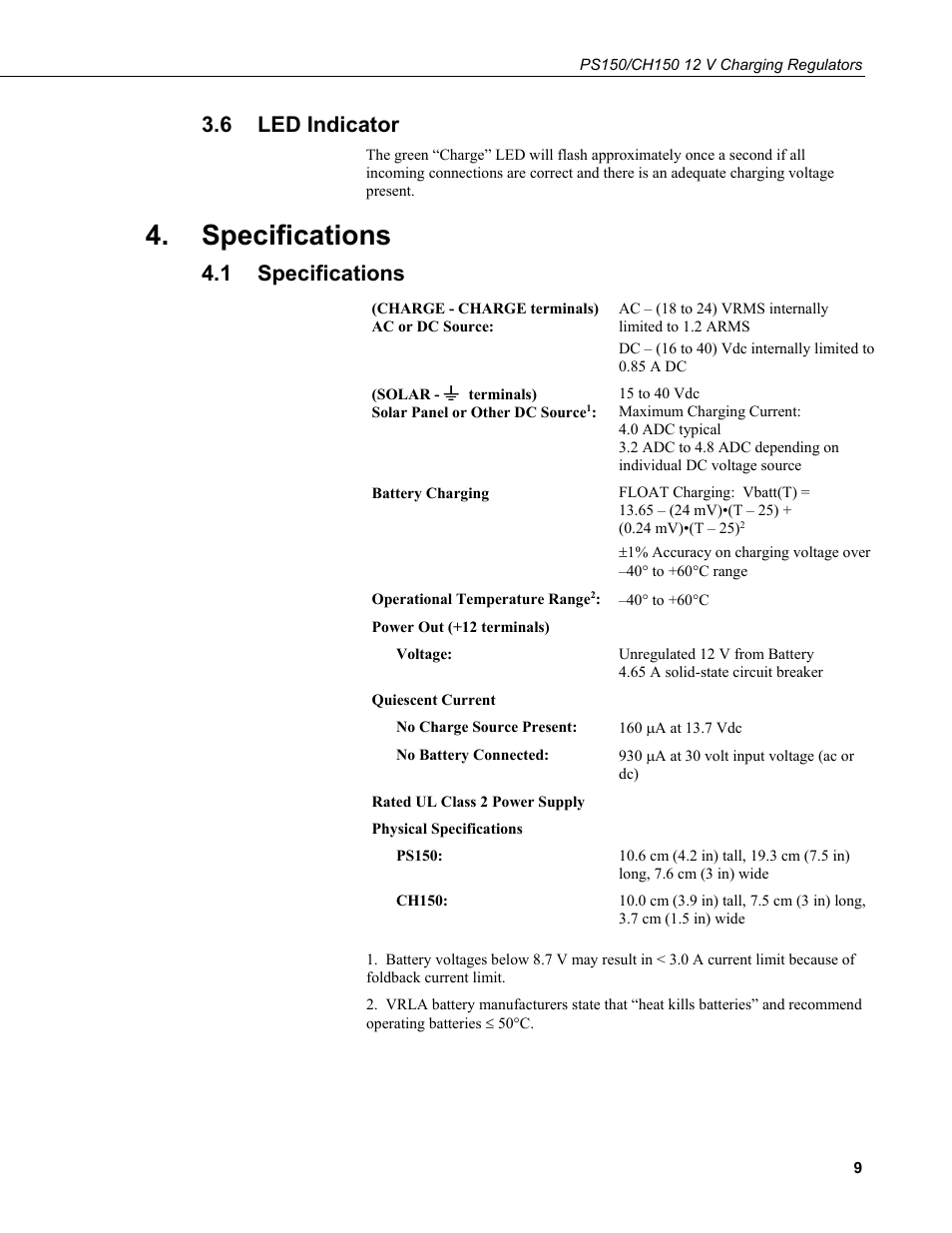 6 led indicator, Specifications, 1 specifications | Led indicator | Campbell Scientific PS150/CH150 12 V Charging Regulators User Manual | Page 17 / 26