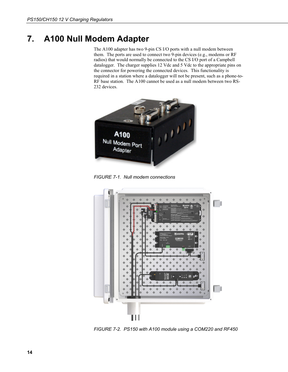 A100 null modem adapter, 1. null modem connections, 2. ps150 with a100 module using a com220 and rf450 | Campbell Scientific PS150/CH150 12 V Charging Regulators User Manual | Page 22 / 26
