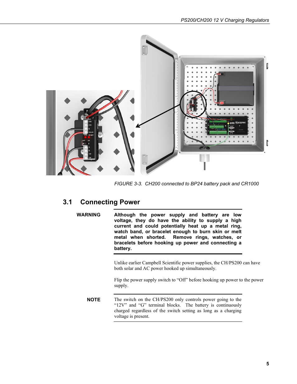 1 connecting power, Connecting power, 3. ch200 connected to bp24 battery pack and cr1000 | Figure 3-3 f, H figure 3-3 | Campbell Scientific PS200/CH200 12 V Charging Regulators User Manual | Page 13 / 104