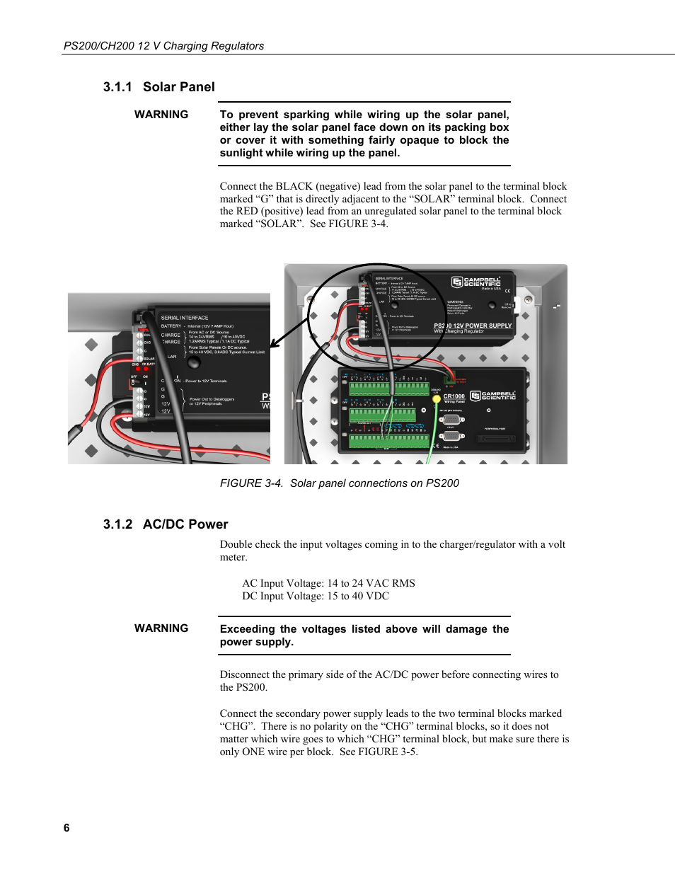 1 solar panel, 2 ac/dc power, Solar panel | Ac/dc power, 4. solar panel connections on ps200 | Campbell Scientific PS200/CH200 12 V Charging Regulators User Manual | Page 14 / 104