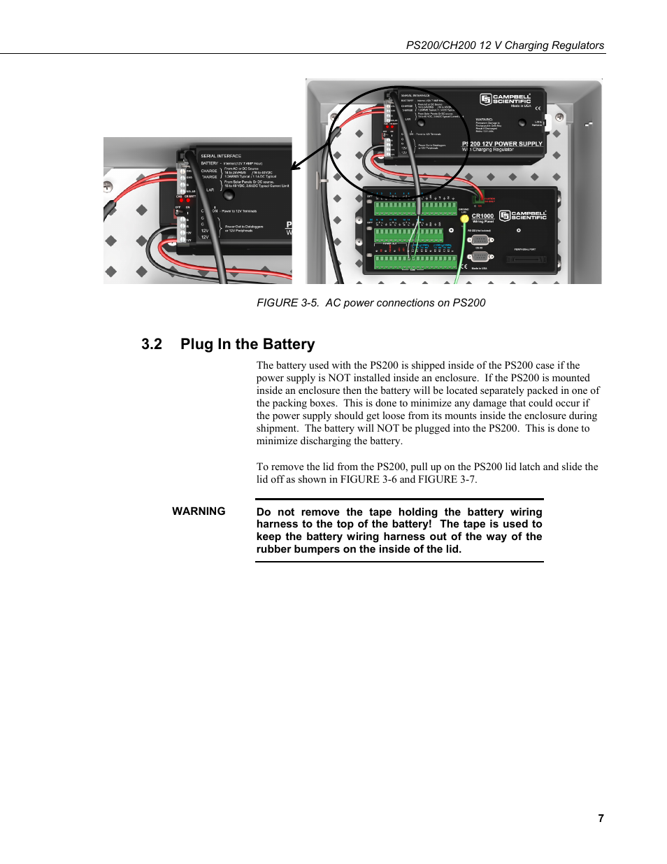2 plug in the battery, Plug in the battery, 5. ac power connections on ps200 | Campbell Scientific PS200/CH200 12 V Charging Regulators User Manual | Page 15 / 104