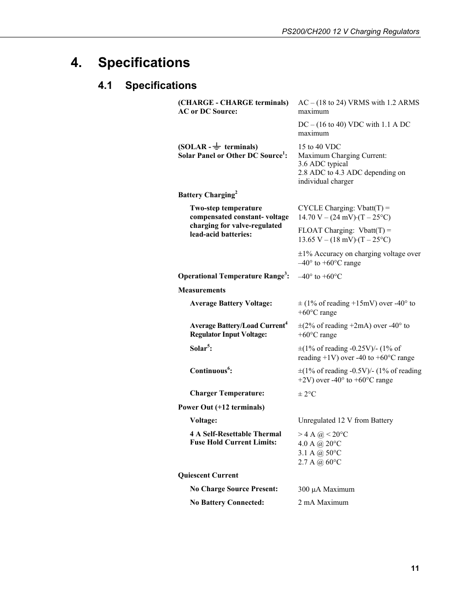 Specifications, 1 specifications | Campbell Scientific PS200/CH200 12 V Charging Regulators User Manual | Page 19 / 104