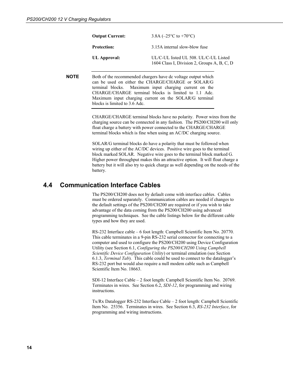 4 communication interface cables, Communication interface cables | Campbell Scientific PS200/CH200 12 V Charging Regulators User Manual | Page 22 / 104