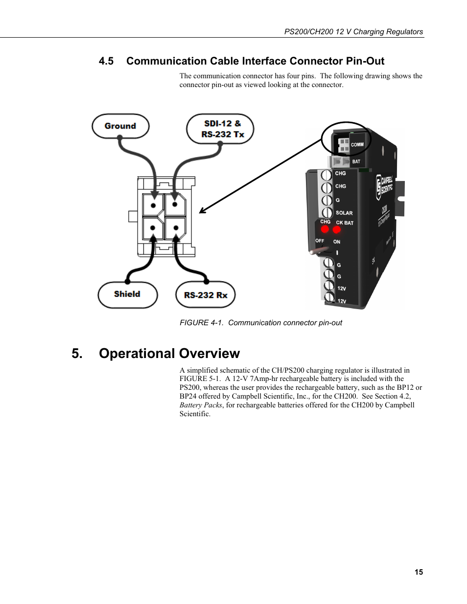 5 communication cable interface connector pin-out, Operational overview, Communication cable interface connector pin-out | 1. communication, Connector, Pin-out | Campbell Scientific PS200/CH200 12 V Charging Regulators User Manual | Page 23 / 104