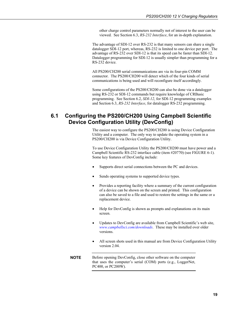 Configuration utility (devconfig), See section 6.1 | Campbell Scientific PS200/CH200 12 V Charging Regulators User Manual | Page 27 / 104