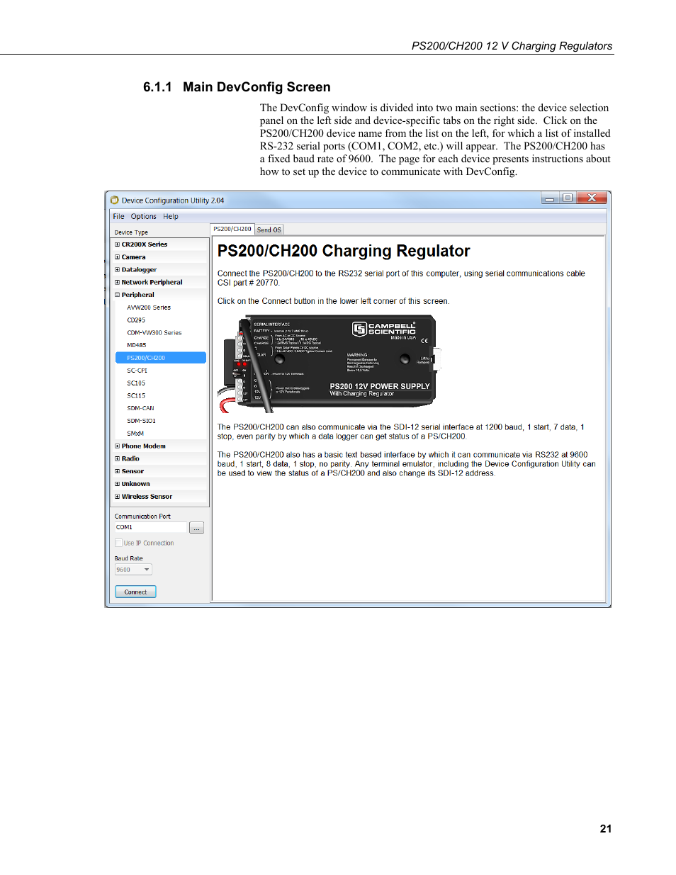 1 main devconfig screen, Main devconfig screen | Campbell Scientific PS200/CH200 12 V Charging Regulators User Manual | Page 29 / 104