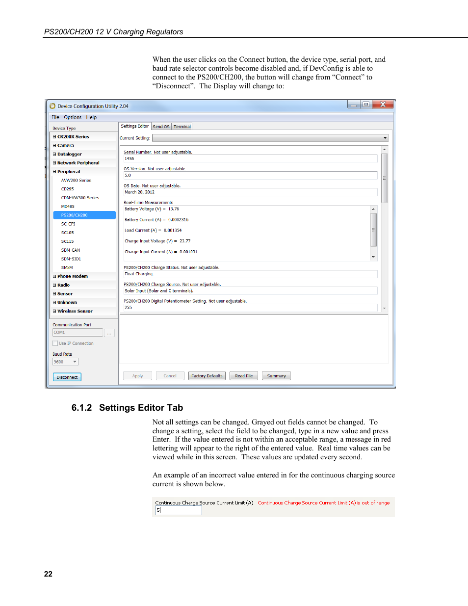 2 settings editor tab, Settings editor tab | Campbell Scientific PS200/CH200 12 V Charging Regulators User Manual | Page 30 / 104