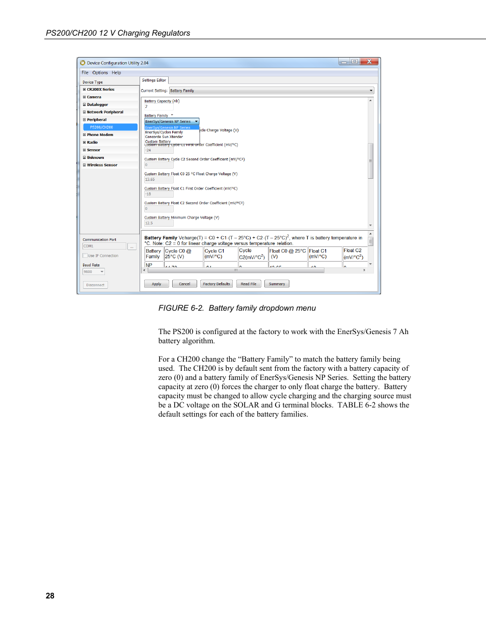 2. battery, Family dropdown menu | Campbell Scientific PS200/CH200 12 V Charging Regulators User Manual | Page 36 / 104