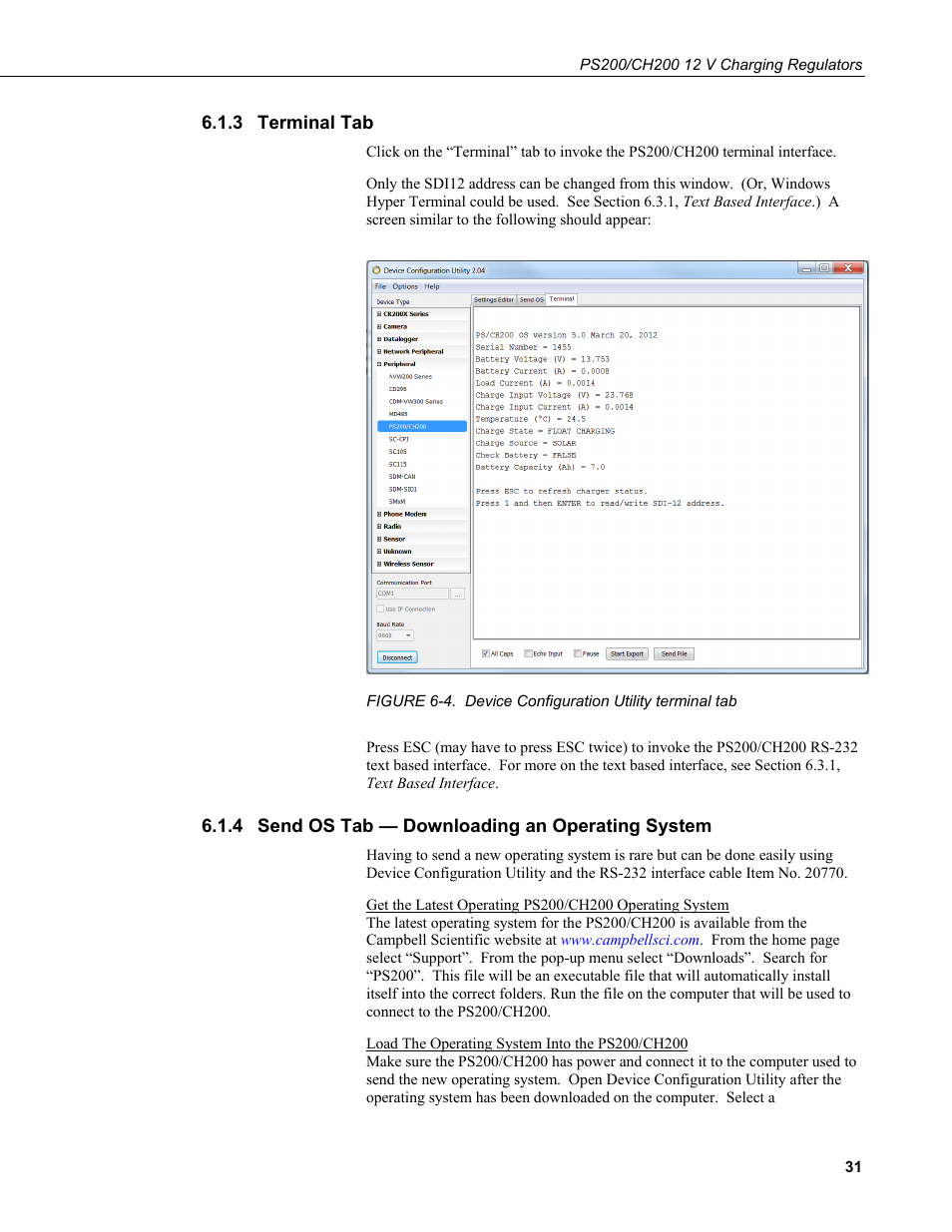 3 terminal tab, 4 send os tab — downloading an operating system, Terminal tab | Send os tab — downloading an operating system, 4. device, Configuration, Utility terminal tab | Campbell Scientific PS200/CH200 12 V Charging Regulators User Manual | Page 39 / 104