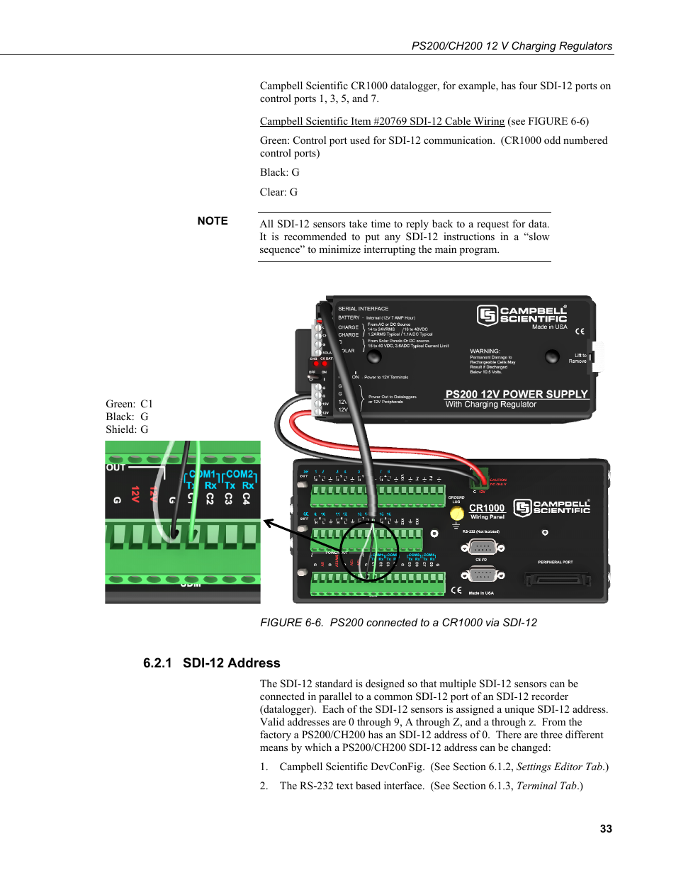 1 sdi-12 address, Sdi-12 address, 6. ps200 connected to a cr1000 via sdi-12 | Figure 6-6 | Campbell Scientific PS200/CH200 12 V Charging Regulators User Manual | Page 41 / 104