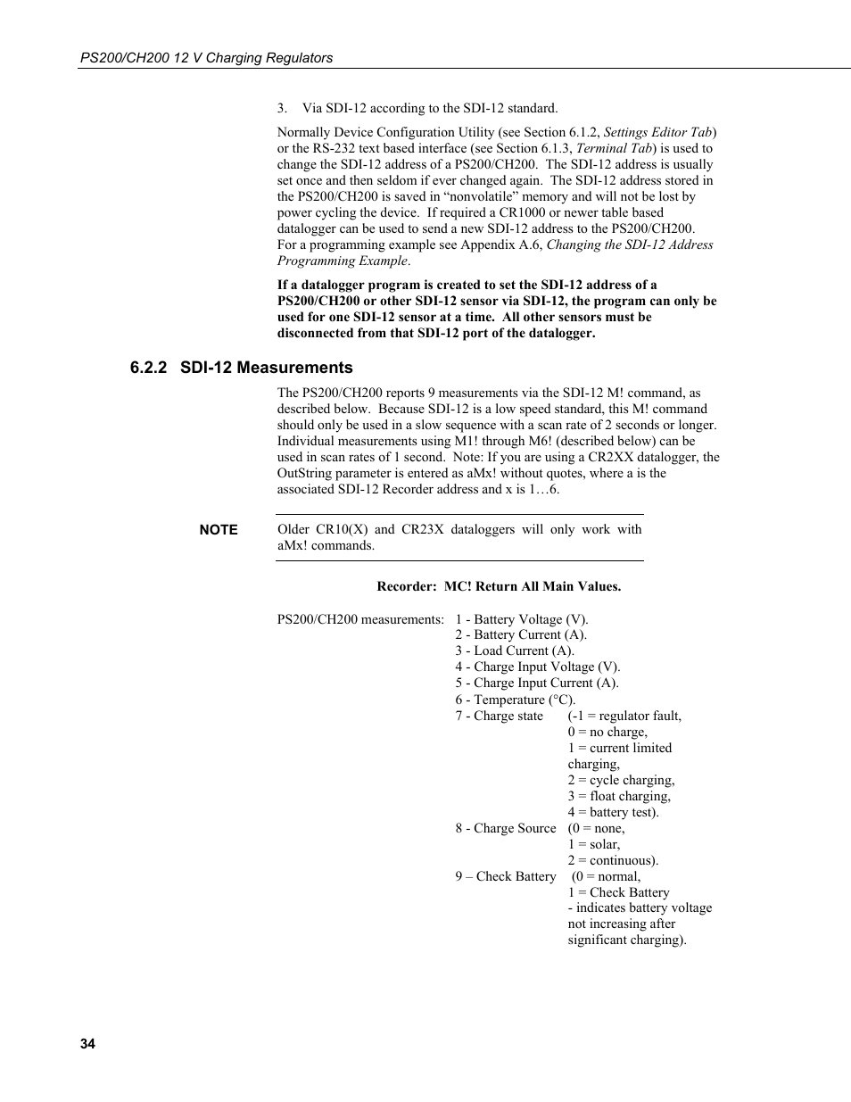 2 sdi-12 measurements, Sdi-12 measurements | Campbell Scientific PS200/CH200 12 V Charging Regulators User Manual | Page 42 / 104