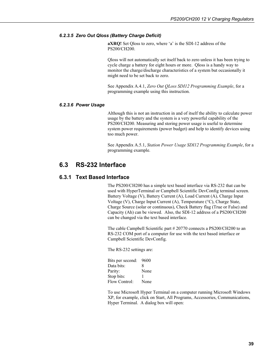 5 zero out qloss (battery charge deficit), 6 power usage, 3 rs-232 interface | 1 text based interface, Zero out qloss (battery charge deficit), Power usage, Rs-232 interface, Text based interface, Section 6.3 | Campbell Scientific PS200/CH200 12 V Charging Regulators User Manual | Page 47 / 104