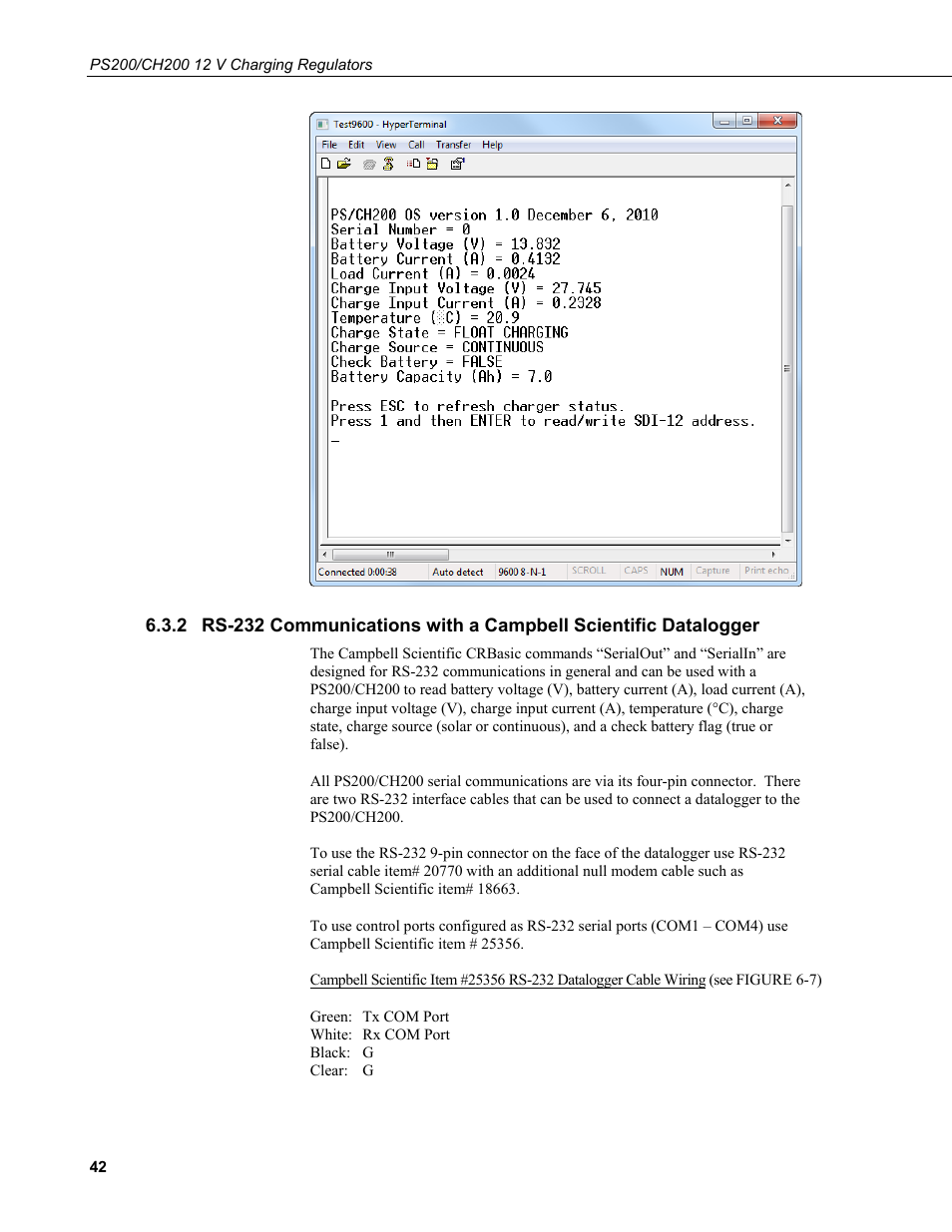 Rs-232 communications with a campbell scientific, Datalogger | Campbell Scientific PS200/CH200 12 V Charging Regulators User Manual | Page 50 / 104