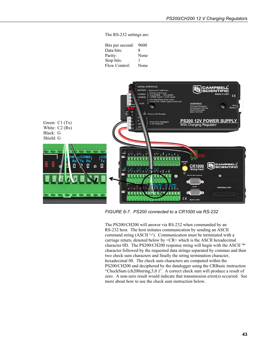 7. ps200 connected to a cr1000 via rs-232, Figure 6-7 | Campbell Scientific PS200/CH200 12 V Charging Regulators User Manual | Page 51 / 104