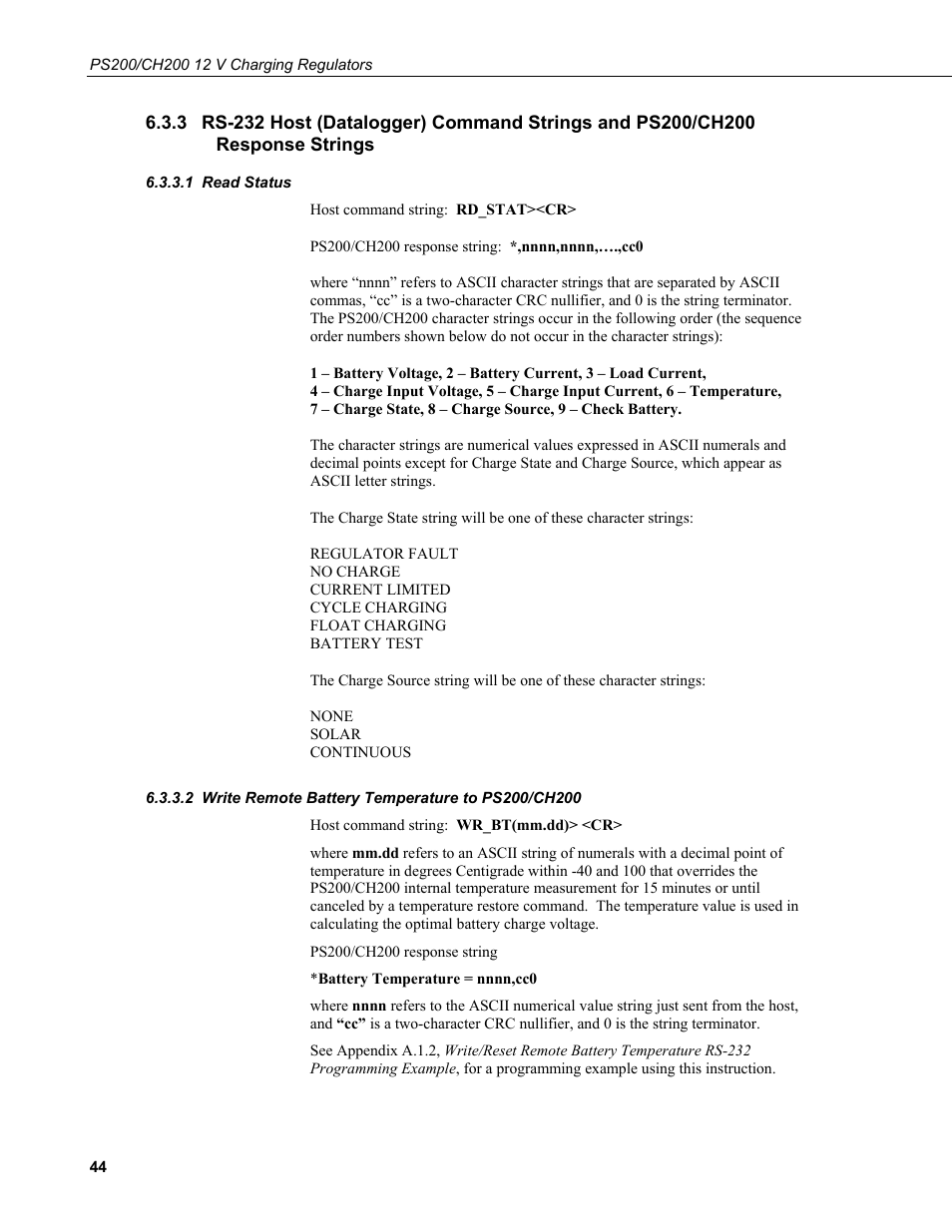 1 read status, 2 write remote battery temperature to ps200/ch200, Rs-232 host (datalogger) command strings and ps200 | Ch200 response strings, Read status, Write remote battery temperature to ps200/ch200, On 6.3.3.2 | Campbell Scientific PS200/CH200 12 V Charging Regulators User Manual | Page 52 / 104